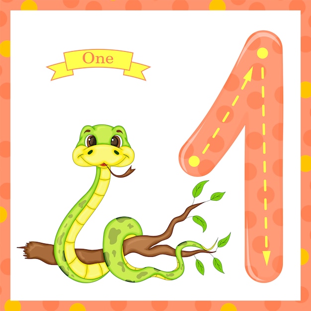 Niños lindos Destello número uno con 1 serpiente para que los niños aprendan a contar y escribir.