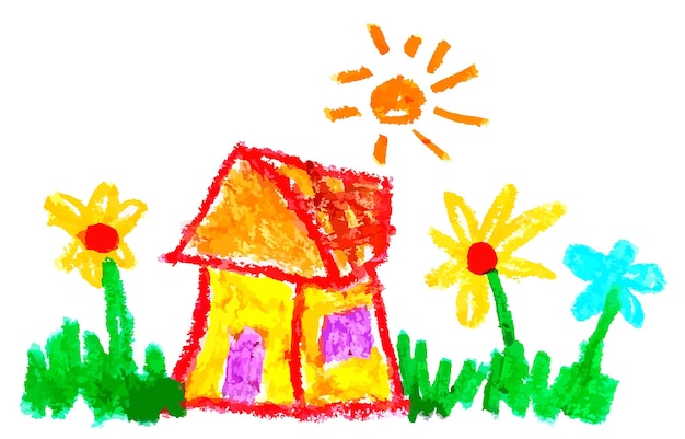 Niños lindos dibujando crayón ilustración de casa con flor en un día soleado