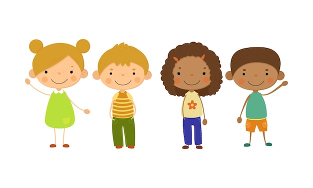 Vector niños lindos de diferentes nacionalidades establecen vector de concepto de amistad multinacional de niños felices