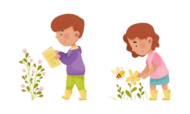 Niños lindos explorando plantas e insectos en el bosque o el parque. Ilustración vectorial de dibujos animados.