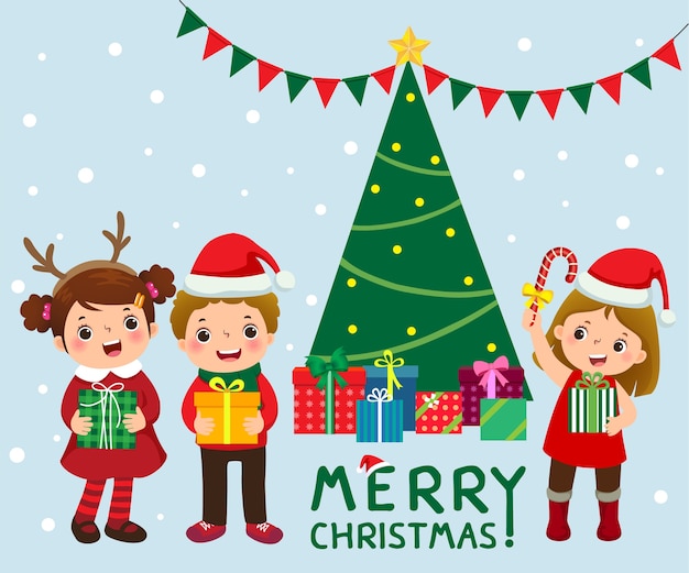 niños lindos felices con cajas de regalo cerca del árbol de navidad