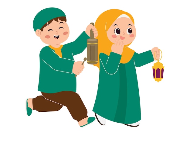 Vector niños lindos felices celebrando el eid mubarak ilustración