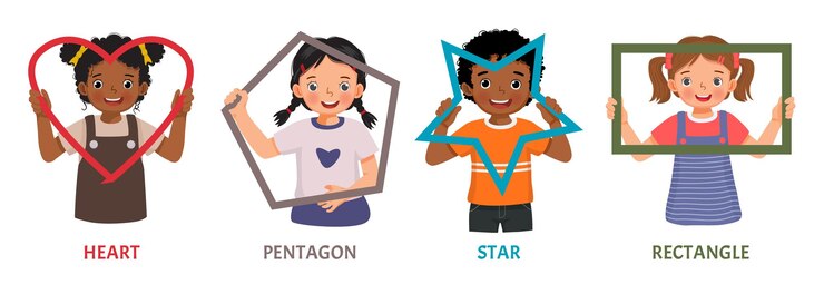 Vector niños lindos con formas geométricas básicas como el corazón pentágono estrella rectángulo