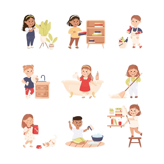 Niños lindos haciendo tareas domésticas y limpieza lavando los platos y limpiando el polvo