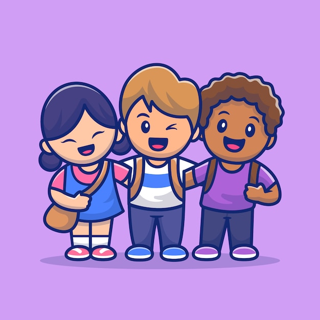 Vector niños lindos con ilustración de icono de dibujos animados de color de piel diferente. concepto de icono de personas y educación aislado. estilo plano de dibujos animados