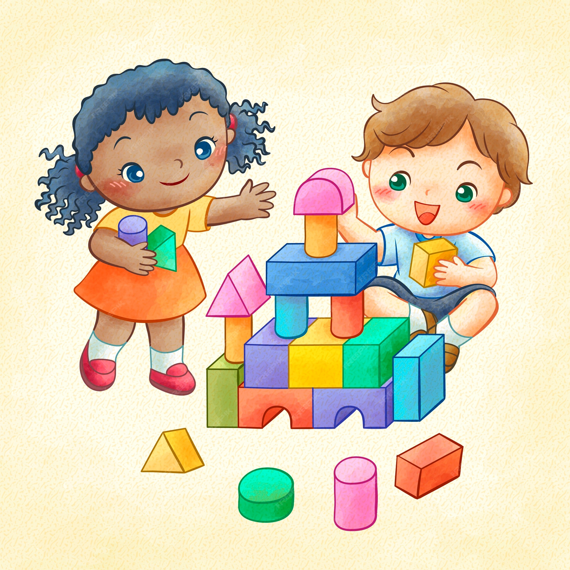 Niños jugando coloridos de construcción en arte lineal | Vector Premium