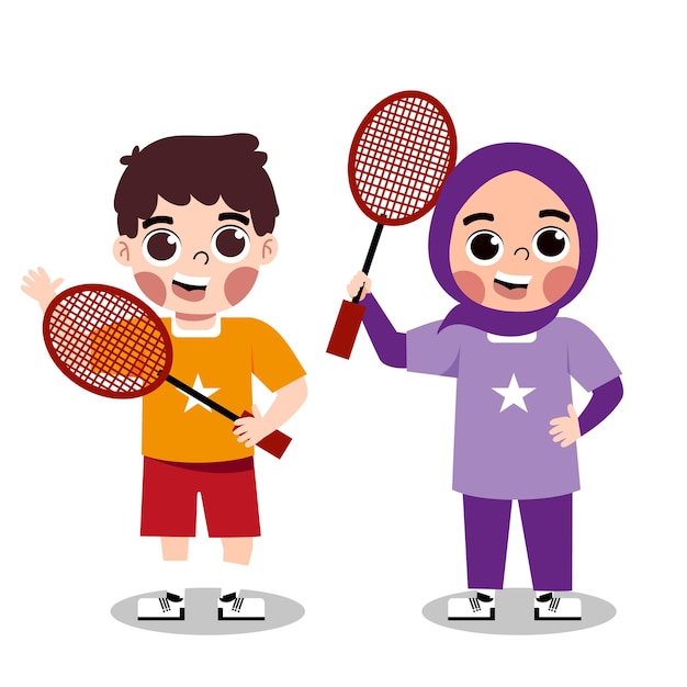 Vector niños lindos jugando ilustración de personaje de dibujos animados de bádminton