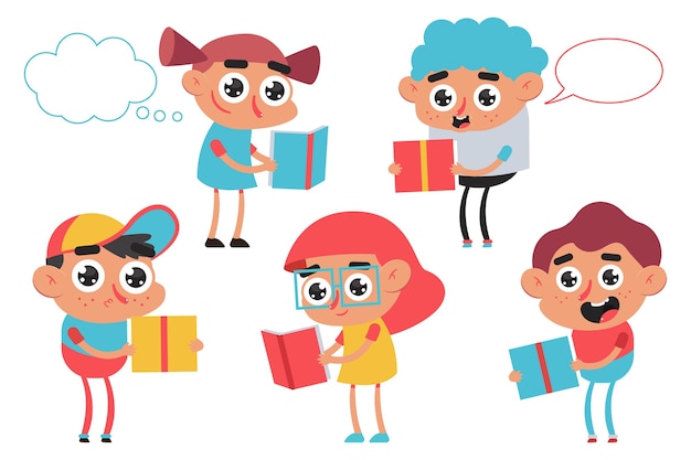 Vector niños lindos leyendo libros personajes de dibujos animados conjunto aislado sobre un fondo blanco.