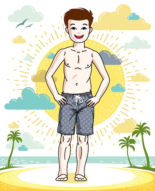 Los niños lindos del muchacho adolescente joven que se colocan que llevan pantalones cortos de playa de moda. ilustración humana vectorial. dibujos animados temáticos de moda y estilo de vida.