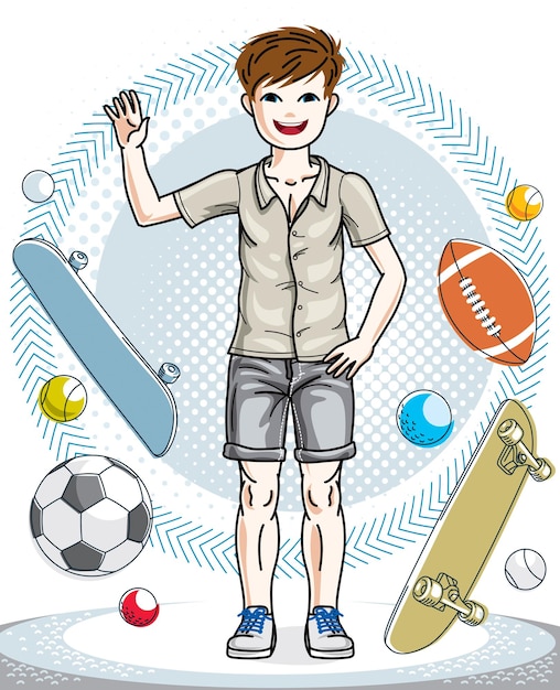 Niños lindos del muchacho adolescente joven que se colocan que usan ropa casual de moda. Vector ilustración humana bastante agradable. Dibujos animados temáticos de moda y estilo de vida.