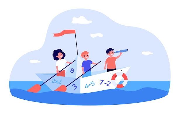 Niños lindos navegando en barco con números. Matemáticas, estudio, ilustración vectorial plana marina. Concepto de educación y exploración para banner, diseño de sitio web o página web de destino