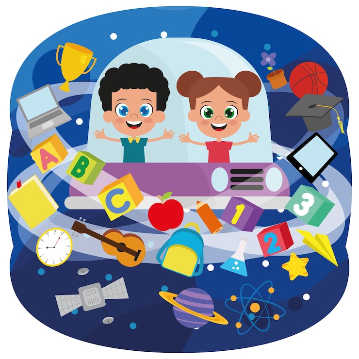 Vector niños lindos y objetos escolares en una nave espacial