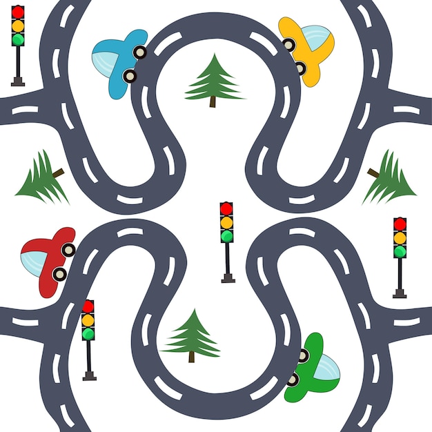 Niños lindos patrón sin costuras con carreteras y coches dibujados a mano Se puede usar para textiles de alfombras para niños patrón de juego de mesa para niños