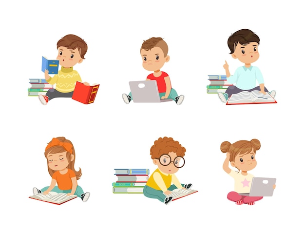 Niños lindos con pilas de libros estudiando y aprendiendo adquiriendo conocimiento Conjunto vectorial