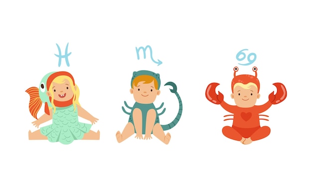 Niños lindos que se visten como signos del zodiaco set piscis escorpio ilustración del vector del cáncer