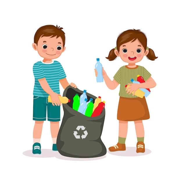 Niños lindos recogiendo botellas de plástico en una bolsa de basura para reciclar ayuda a proteger el medio ambiente