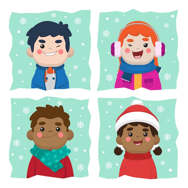 Vector niños lindos con ropa de invierno