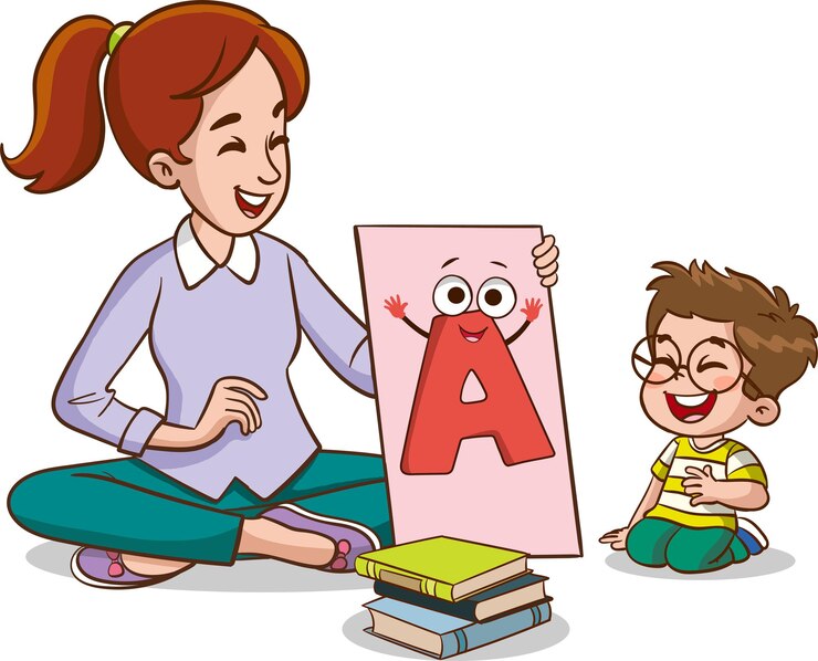 Vector niños lindos sentados en el suelo y estudiando el alfabeto con su maestra
