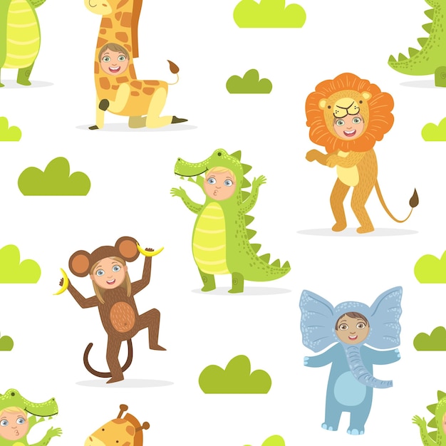 Vector niños lindos con trajes de animales africanos patrón sin costuras fiesta de cumpleaños máscarada elemento de diseño ilustración vectorial