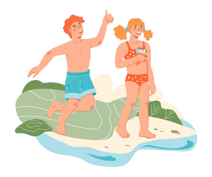 Vector niños lindos en trajes de baño en el mar soleado o en la costa de la playa del río vector aislado