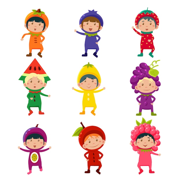 Vector niños lindos en trajes de frutas y bayas ilustración