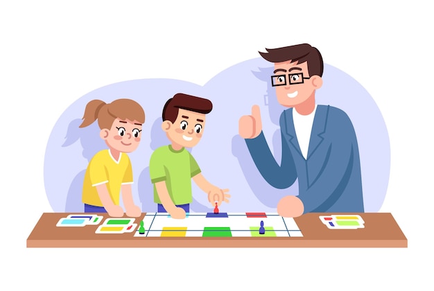 Los niños y el maestro juegan al juego de mesa educativo ilustración vectorial plana. Club de interés para niños. Ocio juntos. Infancia feliz. Niño, niña y padre en personajes de dibujos animados de tablero de juego