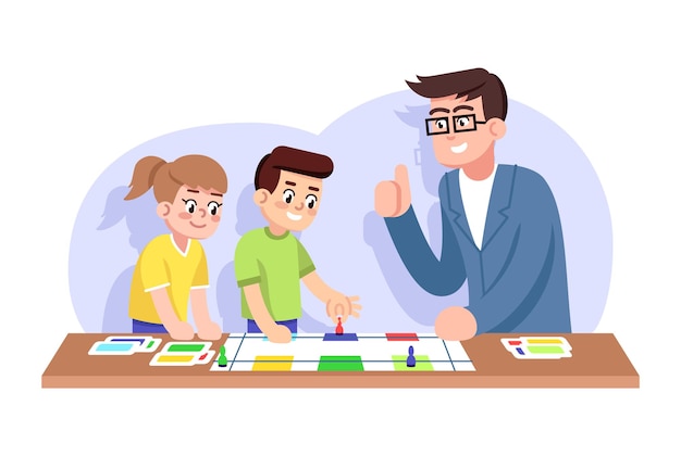 Vector los niños y el maestro juegan al juego de mesa educativo ilustración vectorial plana. club de interés para niños. ocio juntos. infancia feliz. niño, niña y padre en personajes de dibujos animados de tablero de juego