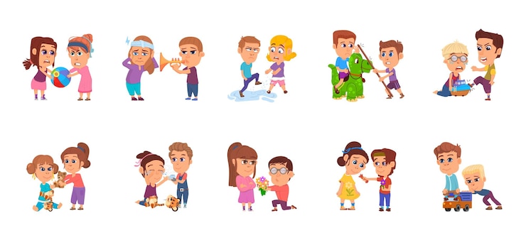 Vector niños malos y buenos niño comparte juguete hermano feliz y enojado con hermana conflicto familiar comportamiento de los niños dibujos animados aislados niños pequeños personajes vectoriales decentes