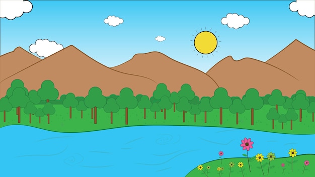 Vector niños mano dibujo 2d naturaleza paisaje