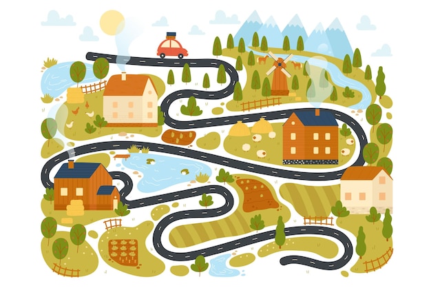Niños mapa de la aldea para viajes aventura mundo de juego infantil con coche en las casas de la carretera