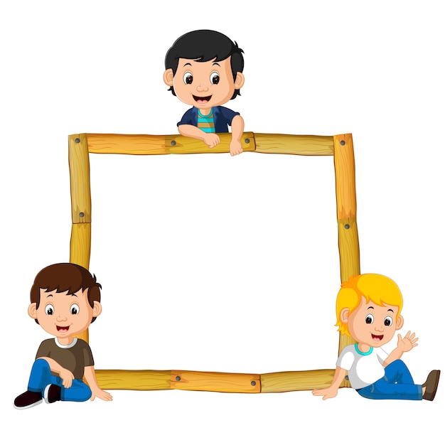 niños en el marco de madera con raíces y hojas