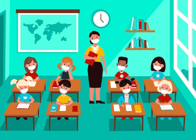 Niños con máscara en el aula. Niños multiculturales de distanciamiento social y maestros con máscaras médicas en la clase de la escuela, detener la propagación de Covid-19, protección contra virus, cuidado con el concepto de vector plano de dibujos animados de epidemia