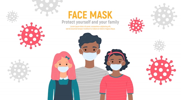 Niños con máscaras médicas en los rostros para protegerlos contra el coronavirus covid-19, 2019-ncov aislado sobre fondo blanco. concepto de protección contra virus para niños. mantenerse a salvo. ilustración