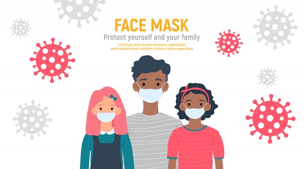 Niños con máscaras médicas en los rostros para protegerlos contra el coronavirus covid-19, 2019-nCov aislado sobre fondo blanco. Concepto de protección contra virus para niños. Mantenerse a salvo. ilustración