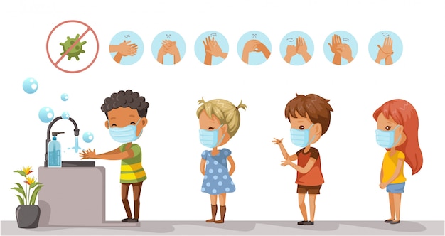 Vector los niños con máscaras protectoras y los niños hacen cola para lavarse las manos. coronavirus relacionado