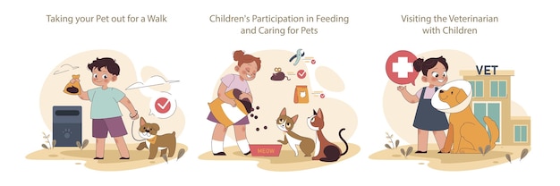 Niños y mascotas establecen rutinas de caminata y eliminación de residuos niños aprenden a alimentar y cuidar animales