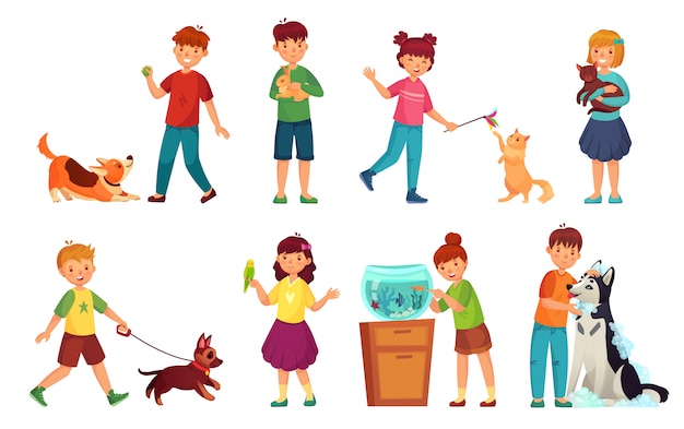 Niños con mascotas. Kid abrazo mascota, niño ama a los animales y juega con perro o gato lindo conjunto de ilustración vectorial de dibujos animados