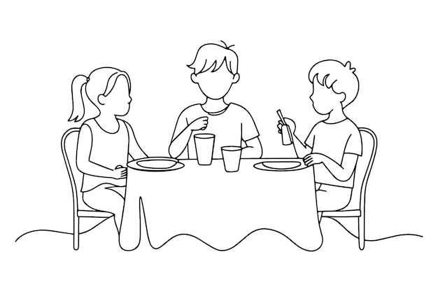 Niños en la mesa de comedor Ilustración vectorial de línea continua en fondo blanco