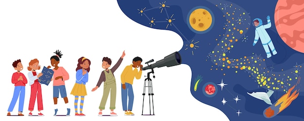 Los niños miran en el telescopio Niños y niñas pequeños y curiosos Estudian astronomía Ciencia Personajes infantiles Observan el cielo con la luna