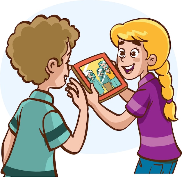 niños mirando la ilustración de vector de foto de familia