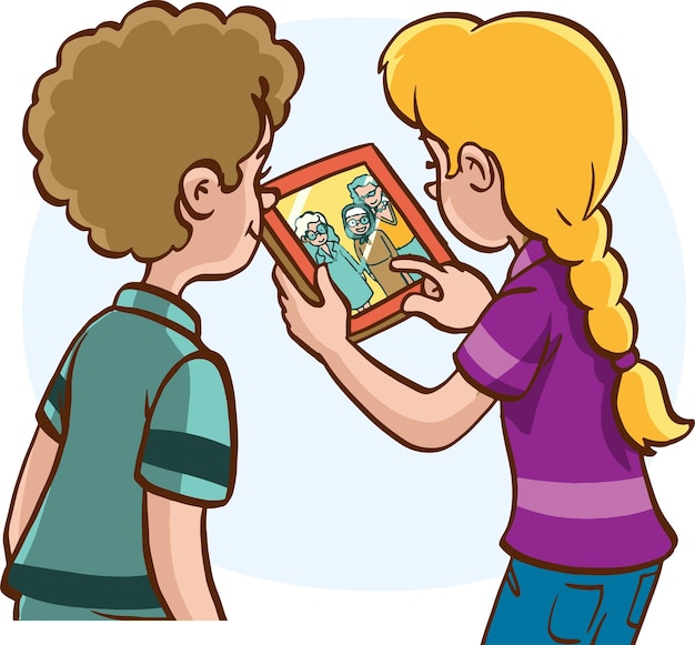 niños mirando la ilustración de vector de foto de familia