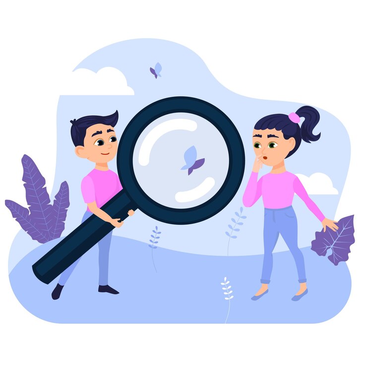 Vector niños mirando la naturaleza a través de la lupa linda niña y niño pasando tiempo al aire libre