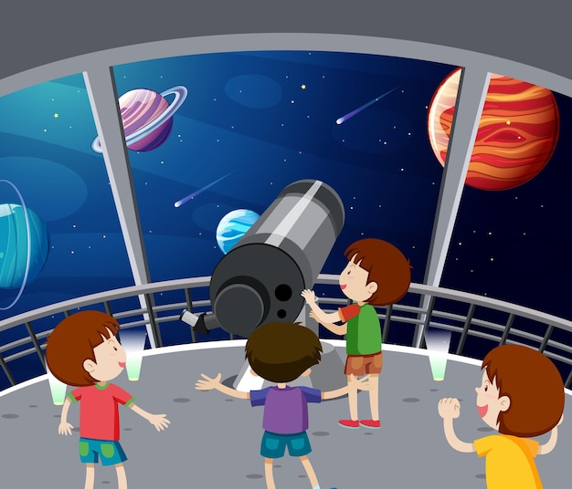 Vector niños mirando el planeta con telescopio en el observatorio