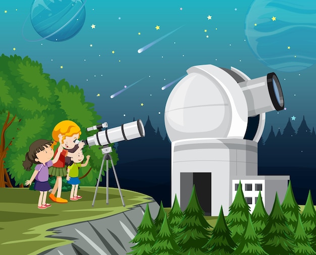 Vector niños mirando el planeta con telescopio