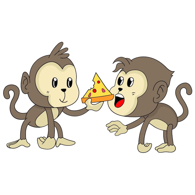 Vector los niños monos comparten comida de pizza. ilustración de dibujos animados lindo animal pegatina