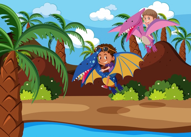 Vector niños montando dinosaurio