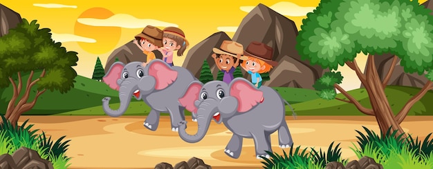 Niños montando elefante en la naturaleza.