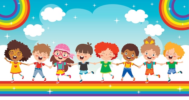 Niños multiétnicos jugando en arco iris