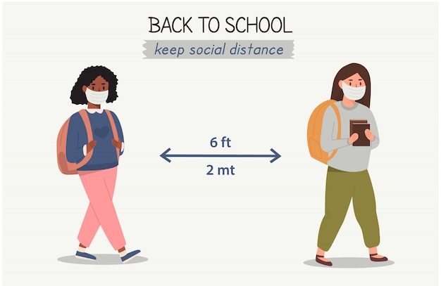 Vector niños multiétnicos multirraciales que usan y se protegen con máscaras médicas y respetan la distancia social. concepto de distanciamiento social entre escolares. regresar a la escuela después de una pandemia.