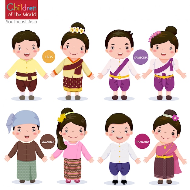 Vector niños del mundo laos camboya myanmar y tailandia